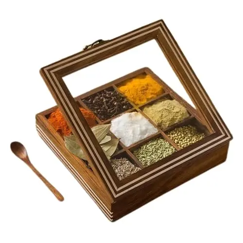 Wooden Spice Box/Masala Container with Spoon (Sheesham Wood, 9 Bays)